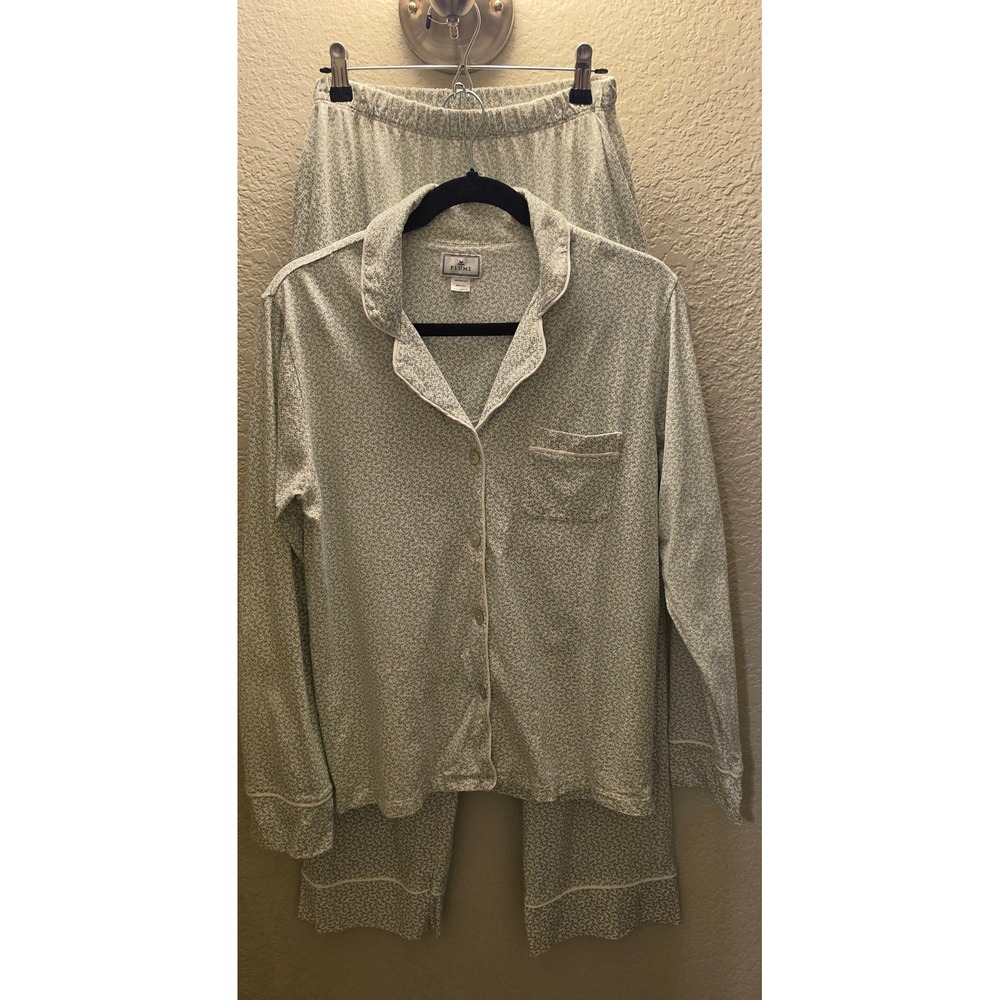 Petite Plume 100% Pima Cotton Pajama Set Sz Small Sage Green Floral Button Down